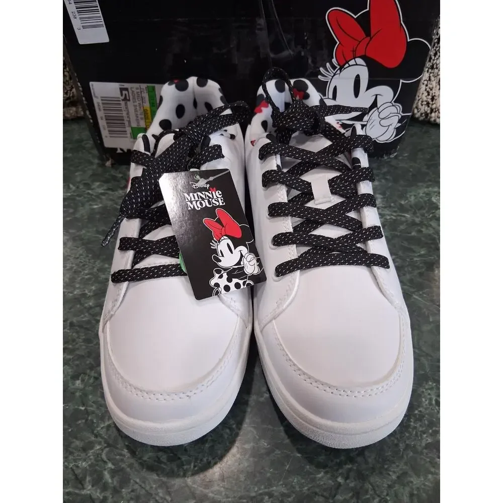 Disney Minnie Mouse Sneakers Ladies Size 8 White Polka Dot Laces Red Bow New
